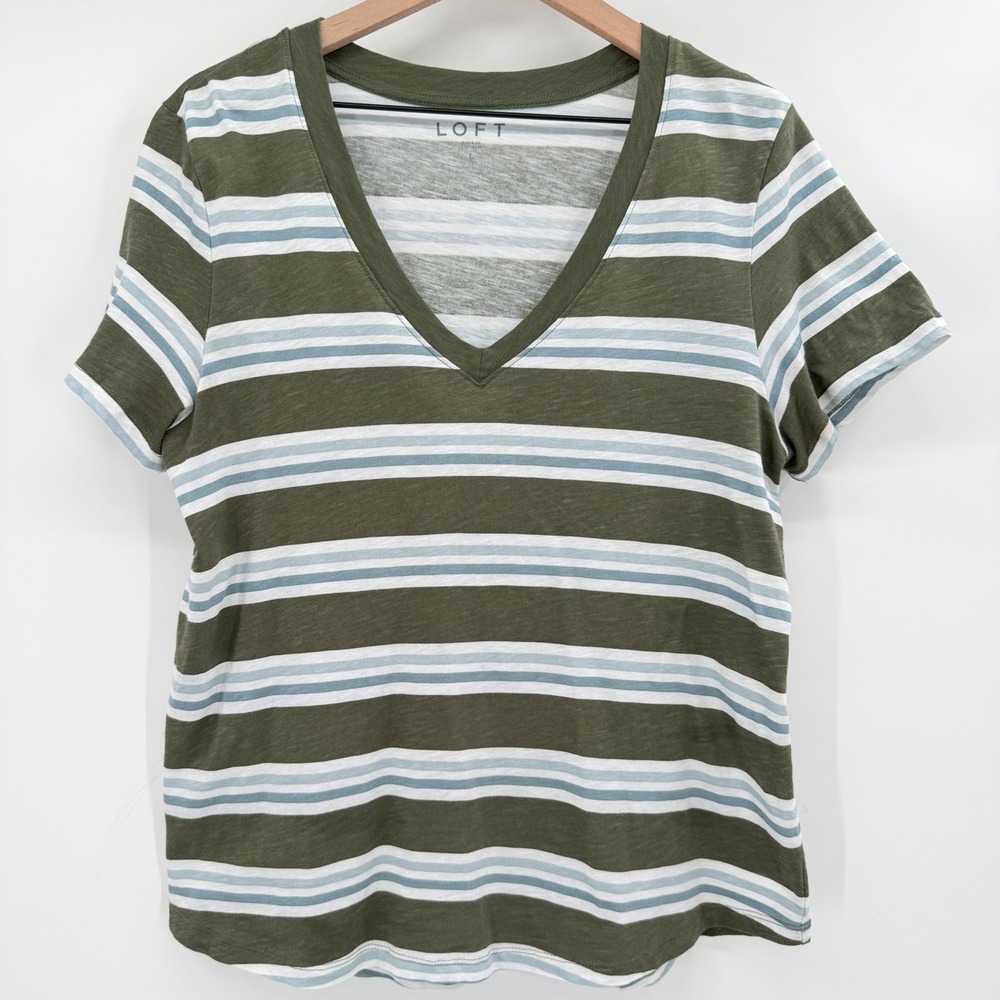 Loft V-Neck Olive Green Striped T-Shirt Women's L Fall Casual Basic Cotton